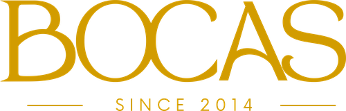 Restaurante Bocas logo, brass wordmark reading Bocas, since 2014